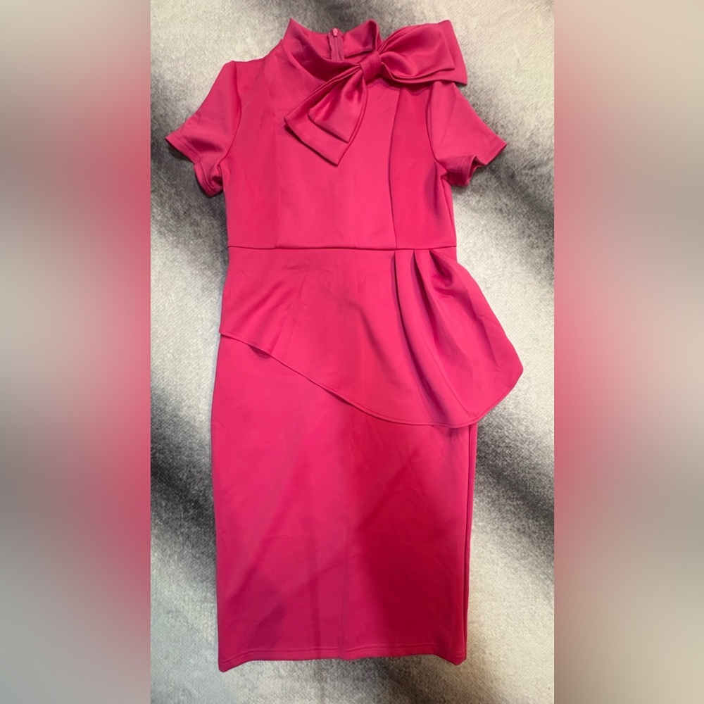 Women's Pink Peplum Midi Dress with Bow Neck - Picture 6 of 10